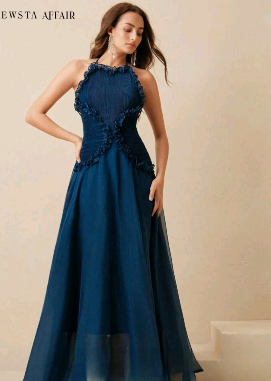 Navy Blue Chiffon Halter Maxi Gown Ruffle Trim Pleated Bodice